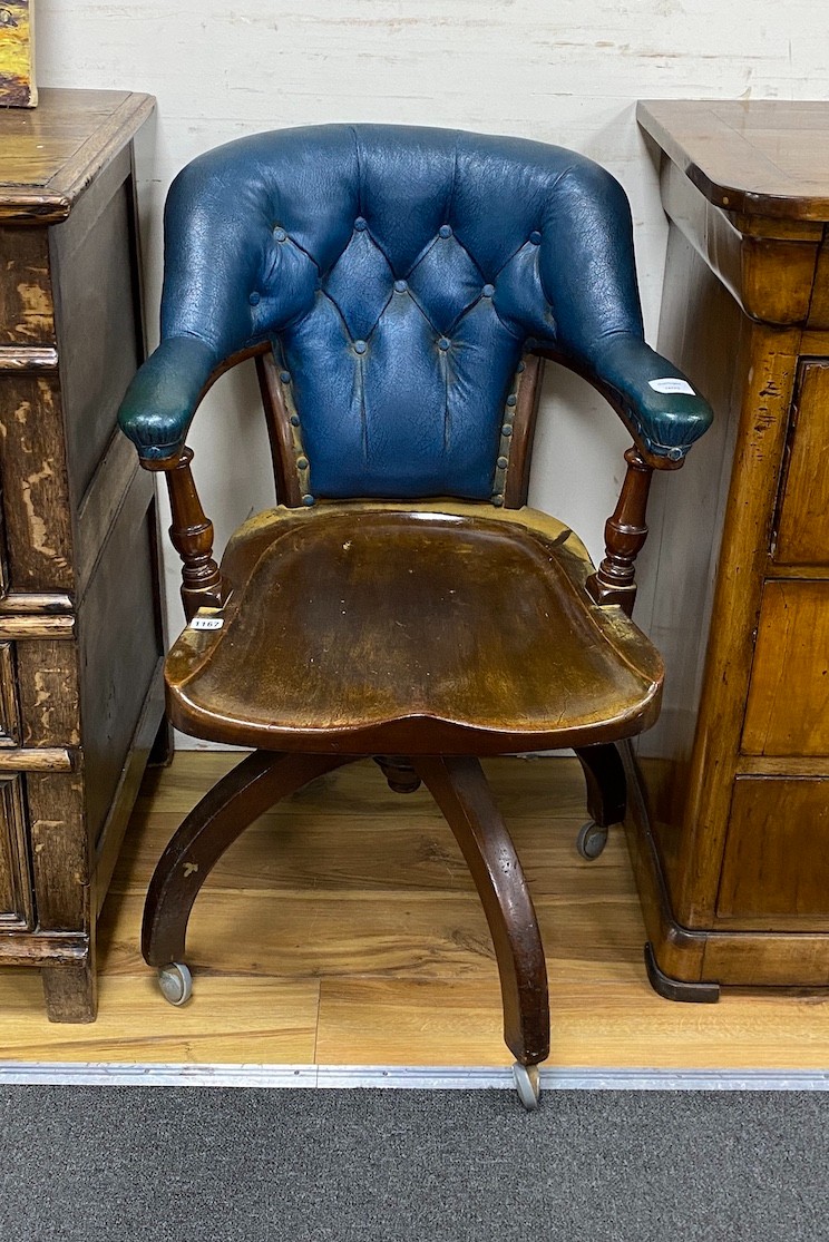 A late Victorian mahogany part upholstered desk chair, width 59cm, depth 62cm, height 82cm